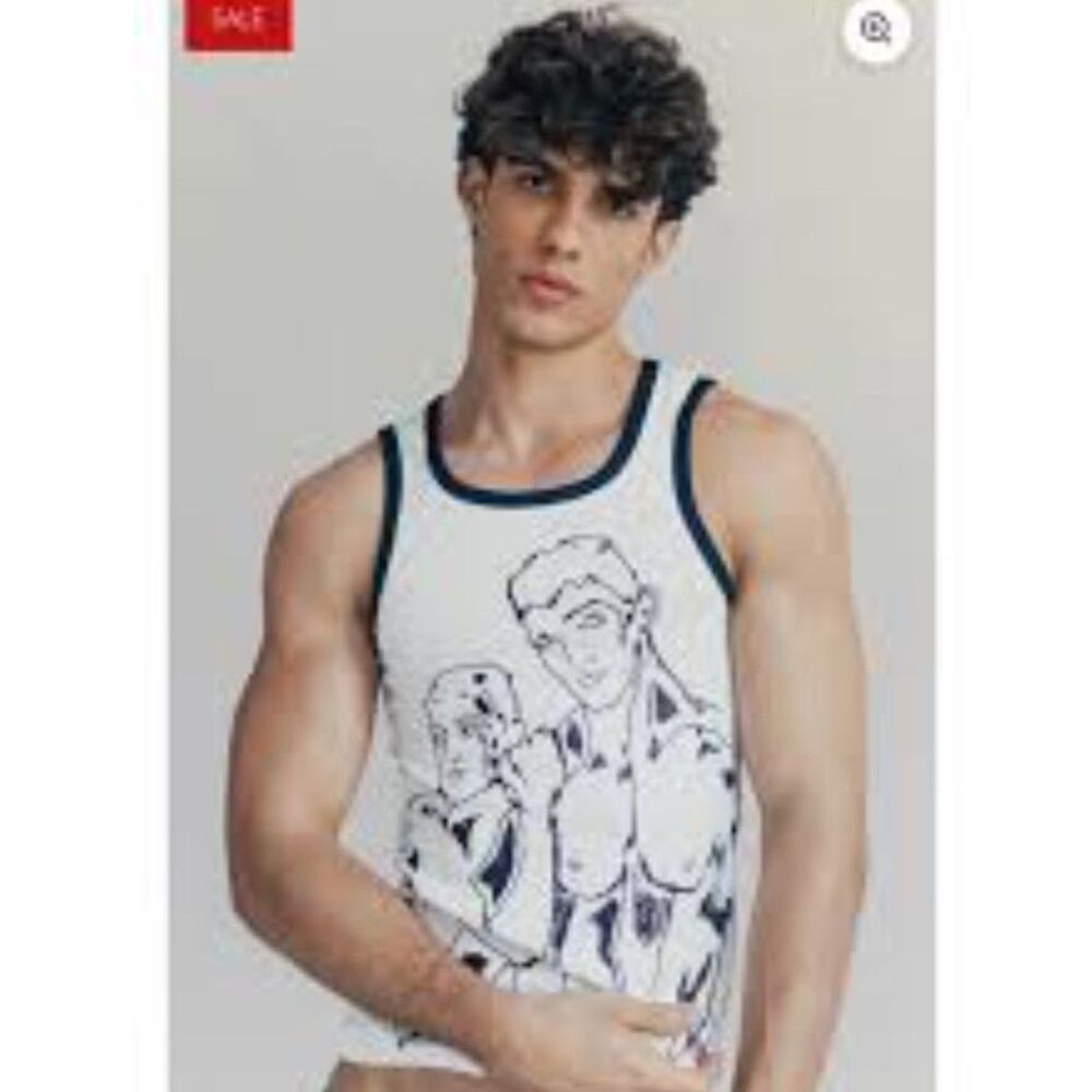 Patrick Church Mens L White Ribbed Tank Top Gay Art Graphic Pride Black Trim